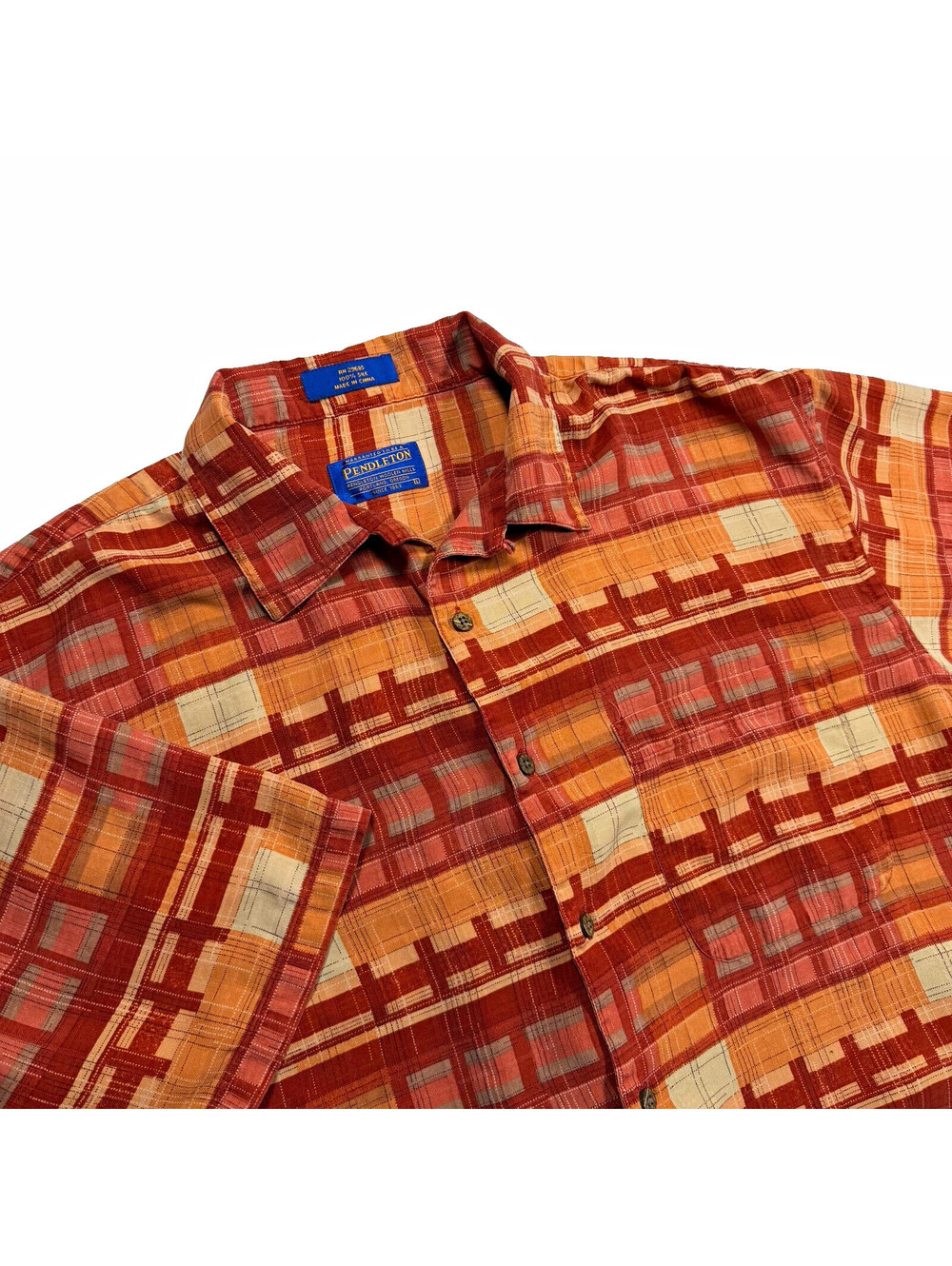 Pendleton Men’s Large Plaid 100% Silk Short Sleeve Point Collar Button-Up